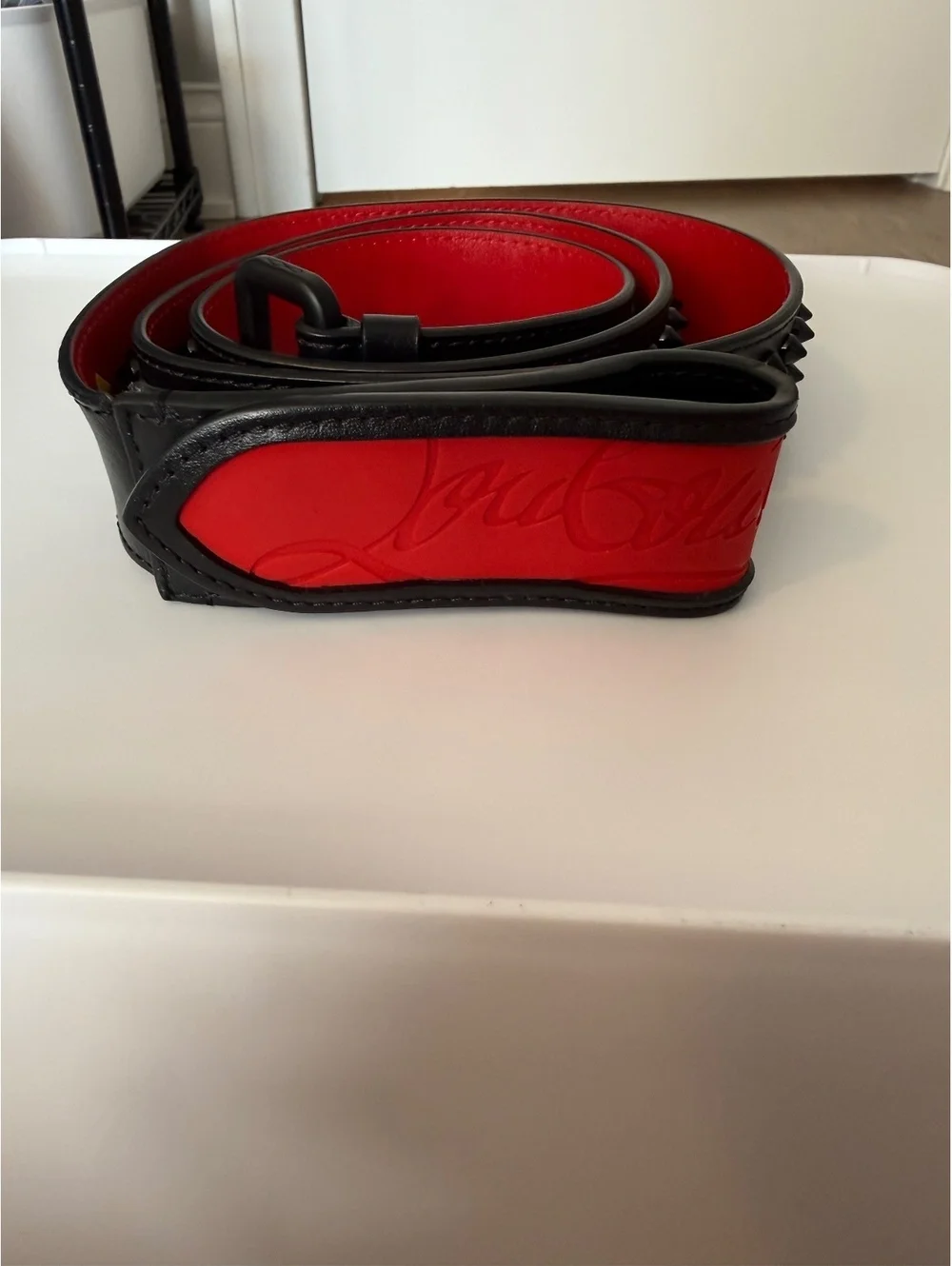 Christian Louboutin 110/44 Men's Black and Red Leather Studded Belt
